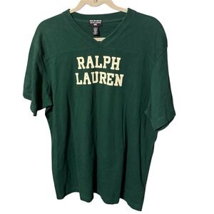 Ralph Lauren Polo Jean Co BLOCK Letters Spell Out V Neck Green T Shirt Sz L TbA3